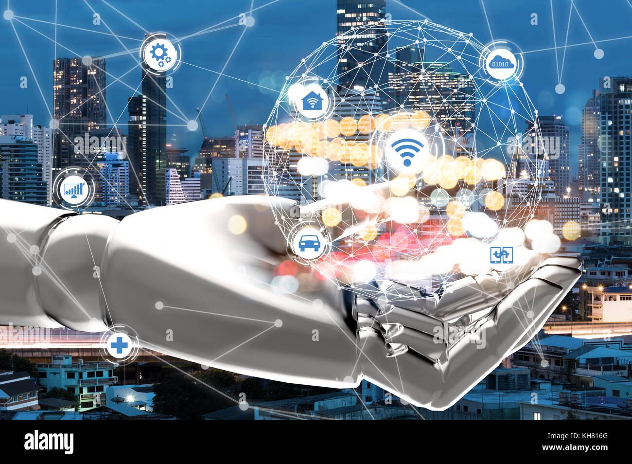 Digitale transformation Technology Trends der künstlichen Intelligenz in jeder Branche. 3D-Rendering von Robot Hand und Sonnenuntergang Gebäude in der Stadt. In Stockfoto