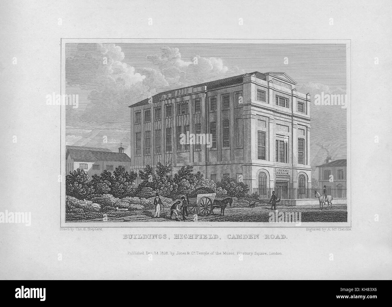 Gebäude, Highfield, Camden Road, Gravur von 'Metropolitan Verbesserungen oder London im 19. Jahrhundert", London, England, Großbritannien 1828 Stockfoto