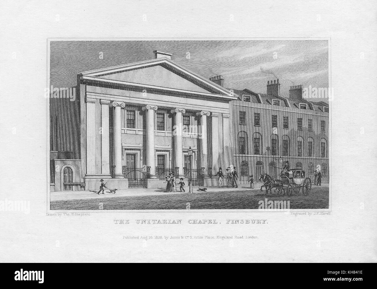 Die Unitarian Kapelle, Finsbury, Gravur von 'Metropolitan Verbesserungen oder London im 19. Jahrhundert", London, England, Großbritannien 1828 Stockfoto