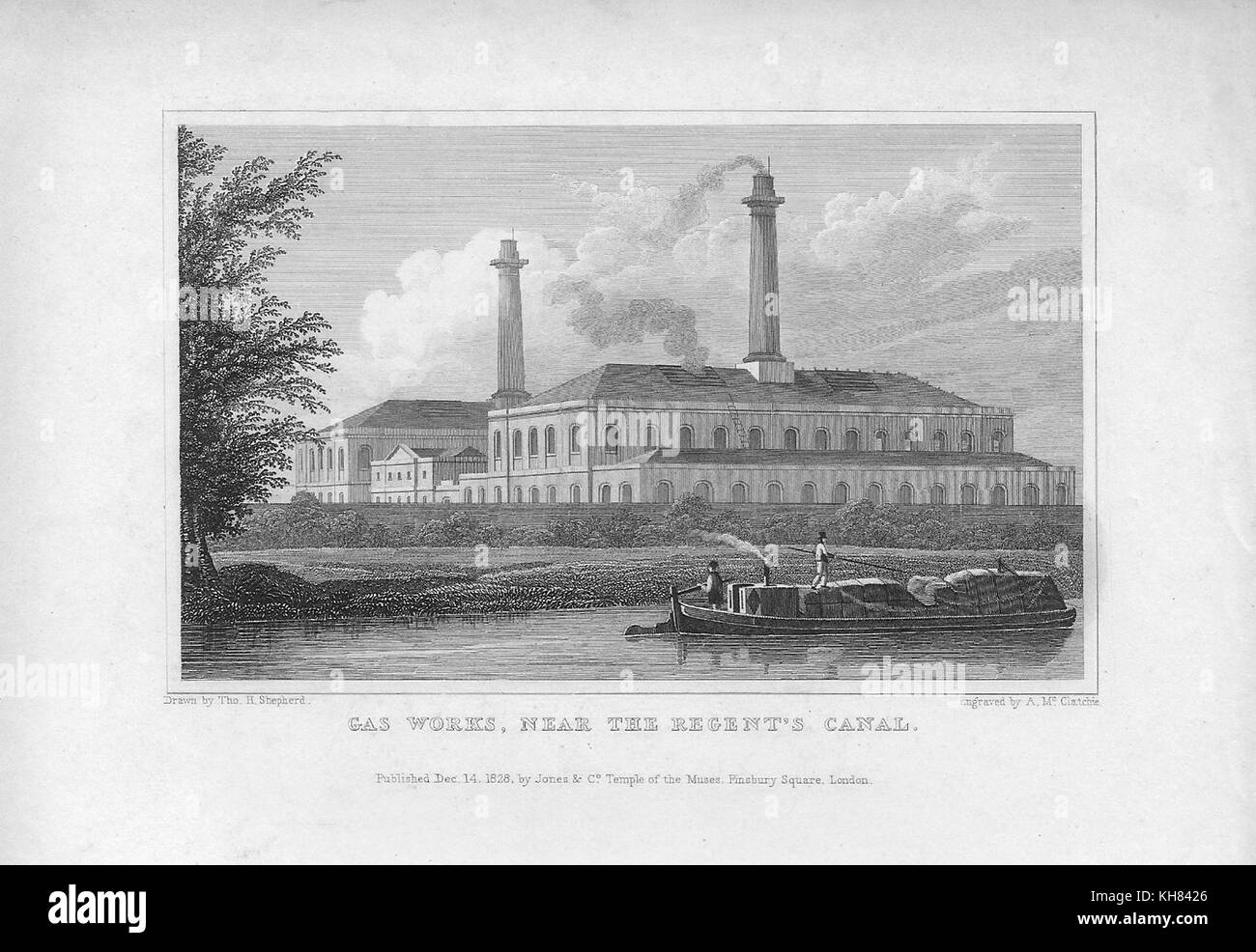 Gas arbeitet, in der Nähe des Regent's Canal, Gravur von 'Metropolitan Verbesserungen oder London im 19. Jahrhundert", London, England, Großbritannien 1828 Stockfoto