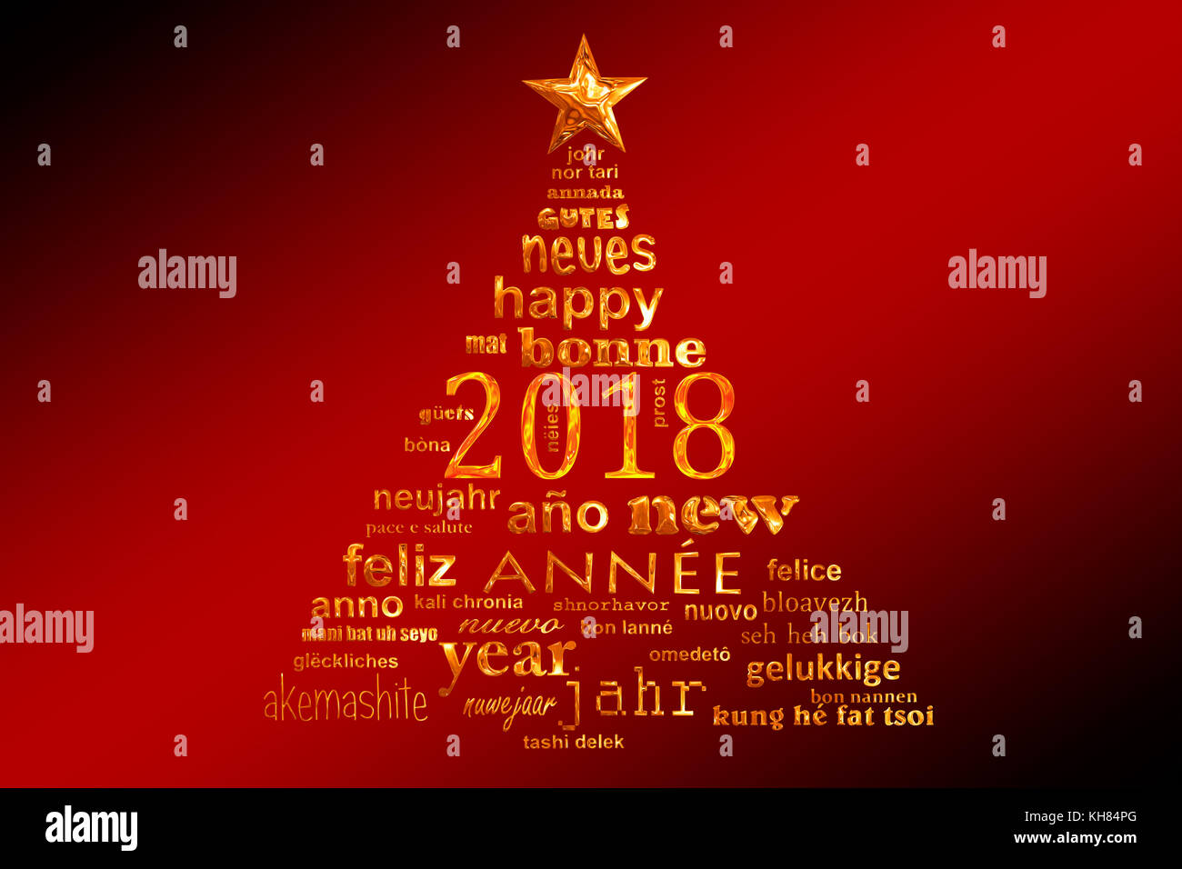 2018 Neues Jahr mehrsprachiger Text word cloud Grußkarte in der Form eines Weihnachtsbaumes Stockfoto