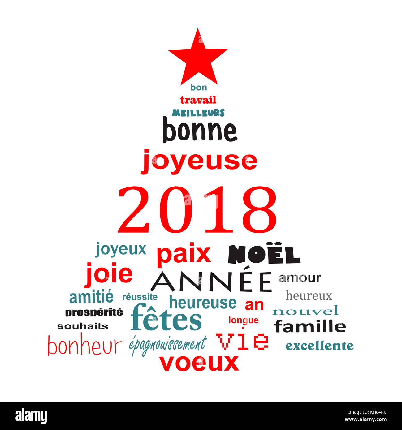 2018 Neues Jahr französische Wort cloud Grußkarte in der Form eines Weihnachtsbaumes Stockfoto