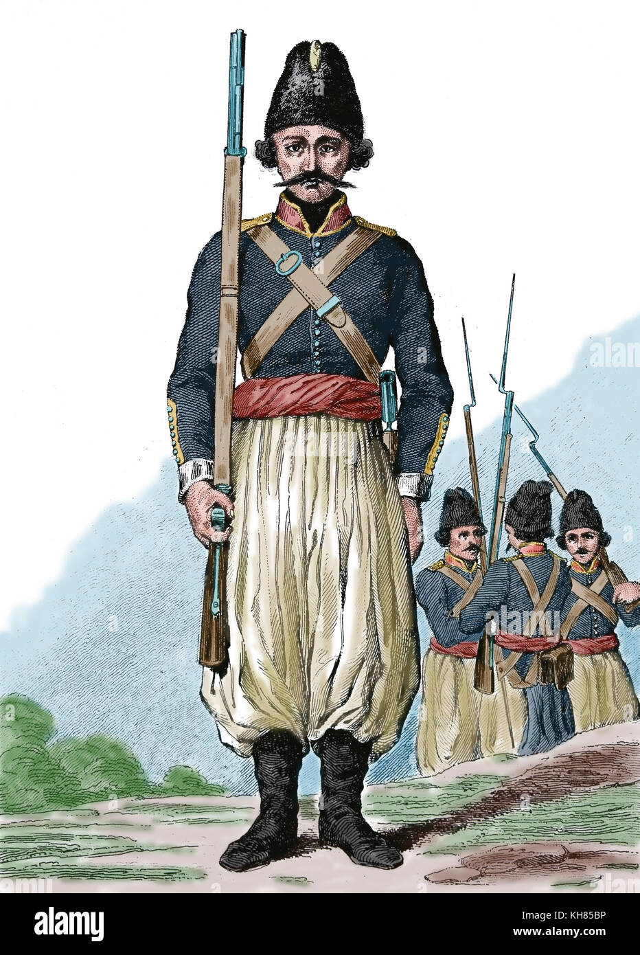 Persische Soldaten, 19. Jahrhundert. Gravur. Asien. Iran. Stockfoto