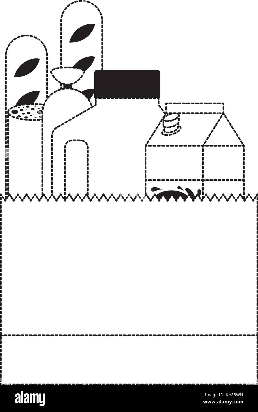 Paper Bag Mit Lebensmittel Wurst Brot Und Getranke Saft Und Milch Karton In Schwarz Gepunktete Silhouette Stock Vektorgrafik Alamy