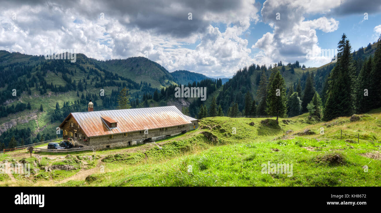 Alte Almhütte mit Wiese in den Alpen. Bayern, Allgäu, Deutschland. traditionelle Landwirtschaft in den Bergen. Stockfoto