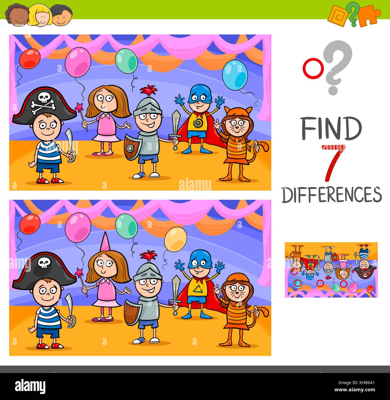 Cartoon Illustration der Unterschiede zwischen Bilder pädagogische Tätigkeit Spiel mit verspielten Kinder Zeichen auf Maskenball Stock Vektor