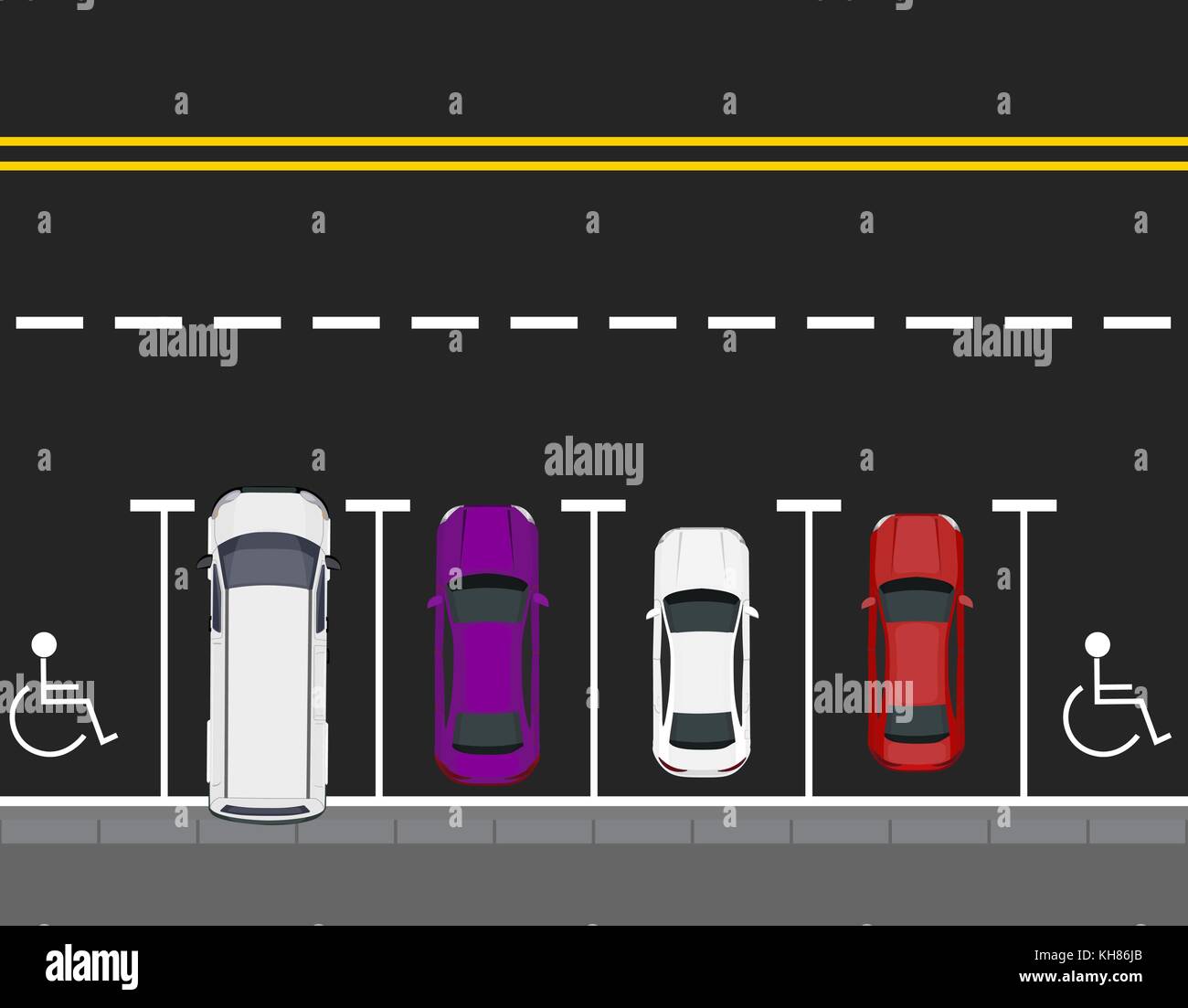 Farbige geparkte Autos von der Straße geparkt, Ansicht von oben. zwei freie Plätze. Hintergrund für Web Design oder Drucken. Abbildung Stock Vektor