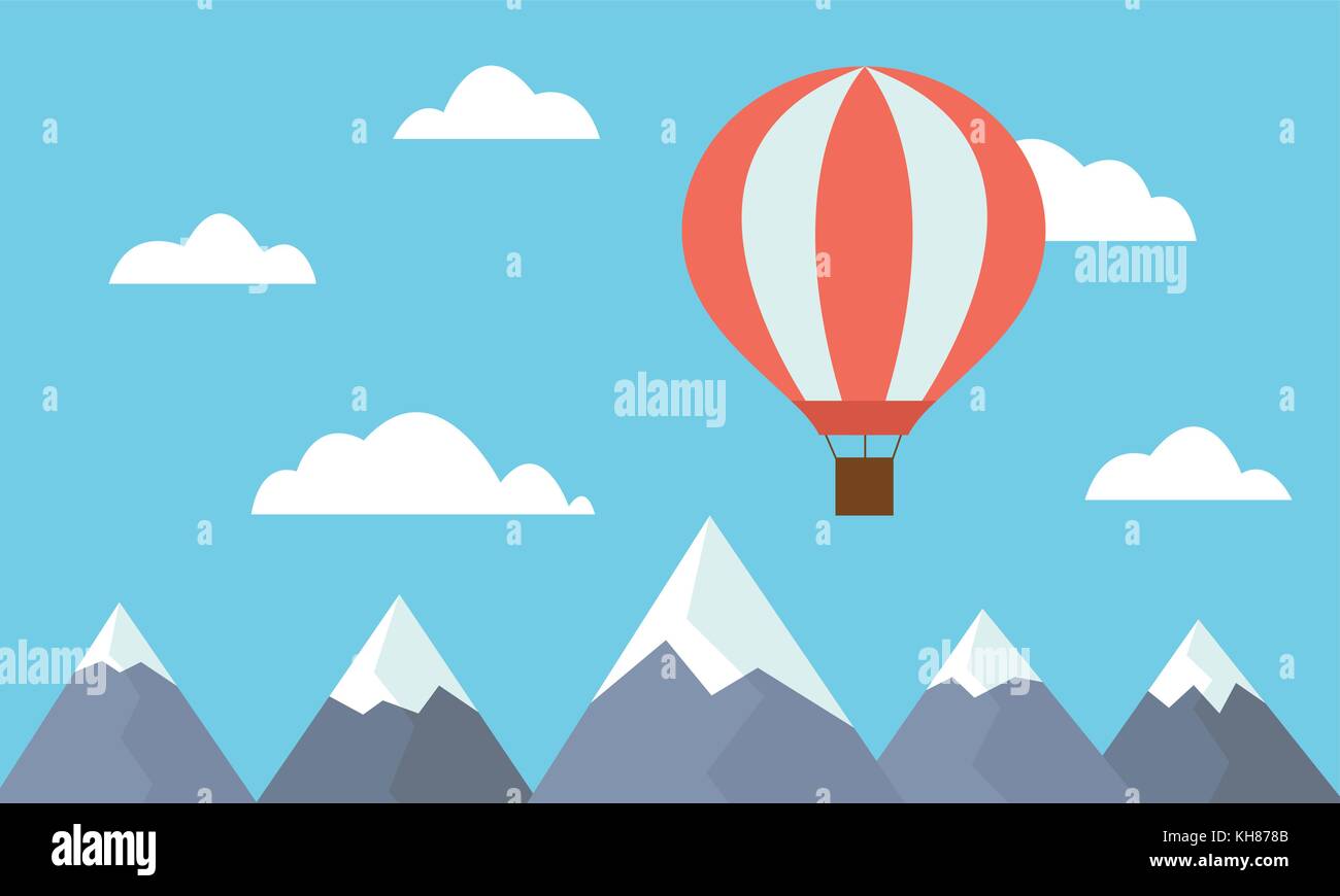 Einen Blick auf eine große und Heißluftballon zwischen Wolken im blauen Himmel über Berggipfel - Vektor fliegen Stock Vektor