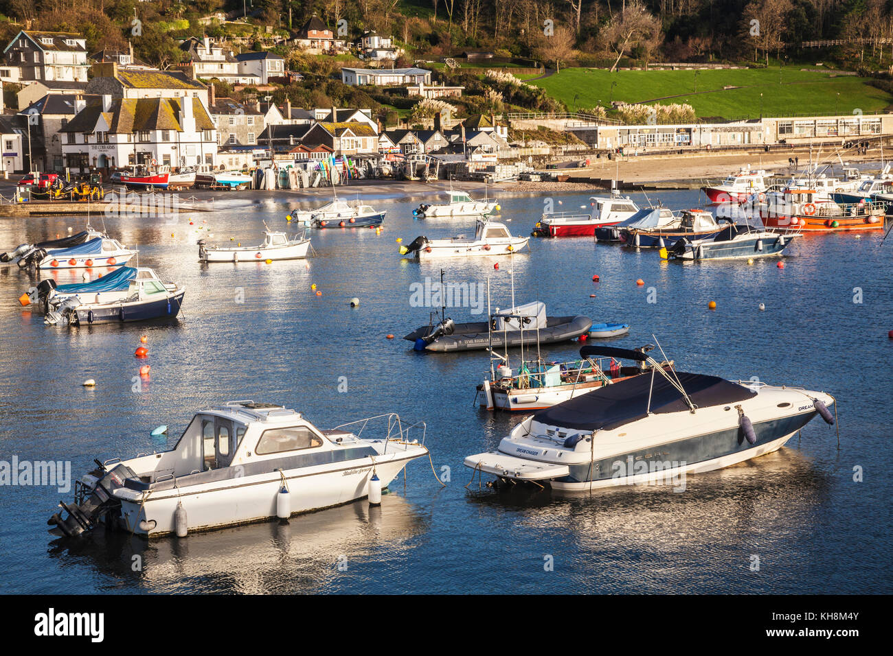 Am frühen Morgen auf den Hafen von Lyme Regis in Dorset, Großbritannien. Stockfoto
