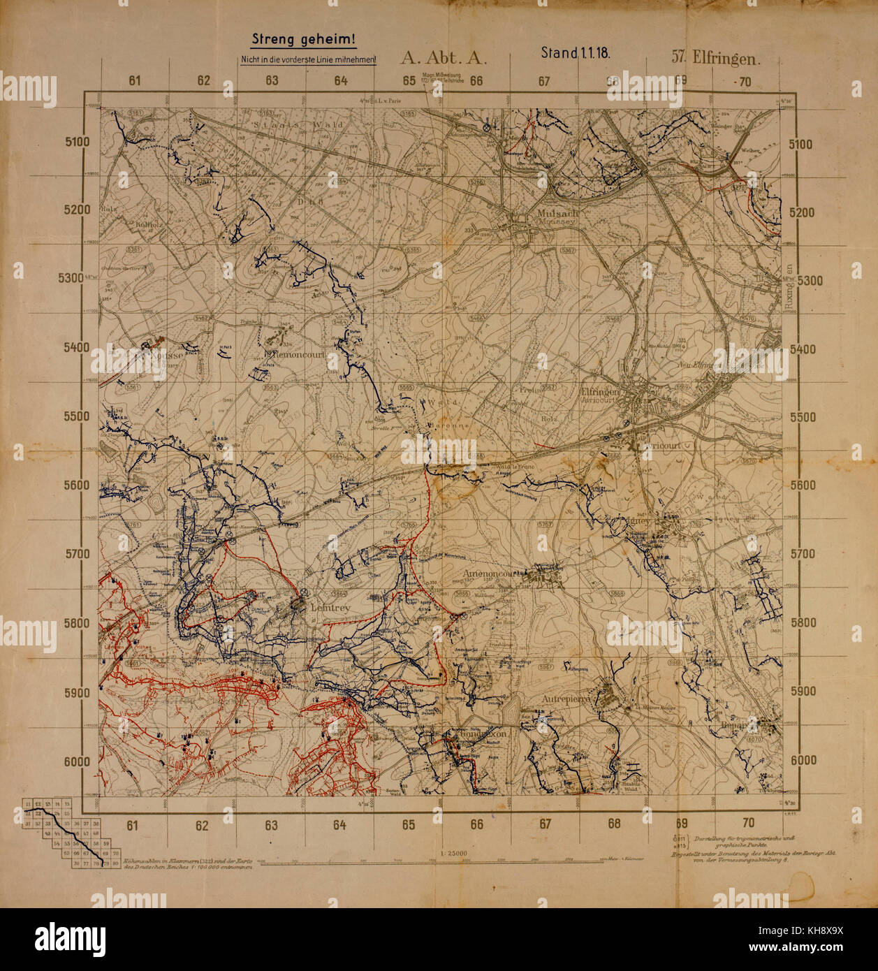 Top secret Weltkrieg Karte von Frankreich in der Nähe der deutschen Grenze, deutsche militärische Positionen, Januar 1, 1918 Stockfoto