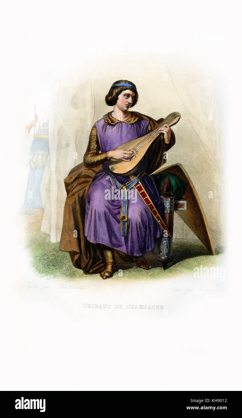 Theobald I (französisch: Thibaut), auch als Troubadour, der Chansonnier bekannt. Spielen seiner Laute. Der König von Navarra von 1234. 1201-1253. Kupferstich von Cleszczynski. Stockfoto