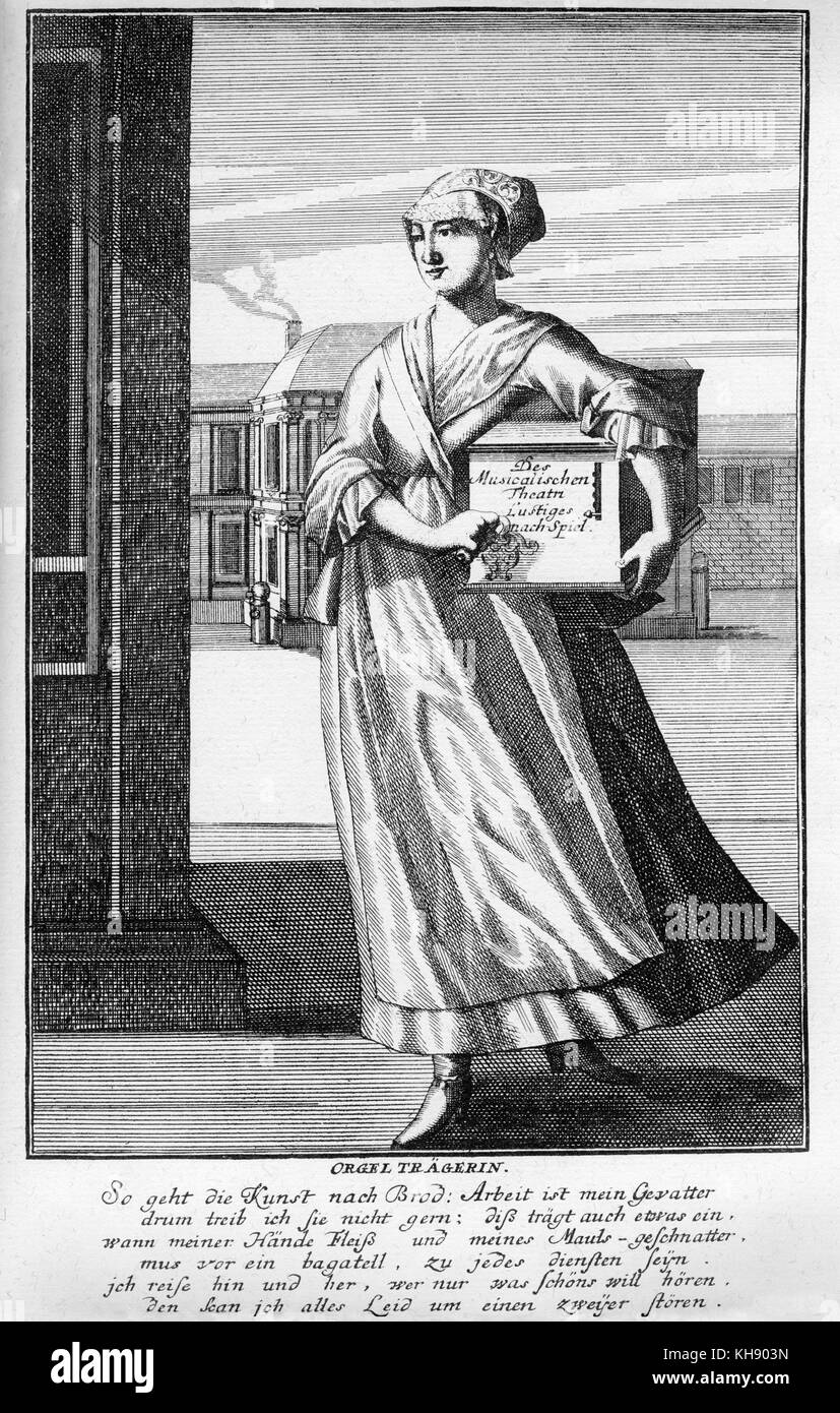 Frau mit Spieluhr (Deutsch: Orgel), Trägerin des 17. Jahrhunderts. Kupferstich von J C Weigel (1661-1726) von "usicalisches Theatrum'. Stockfoto