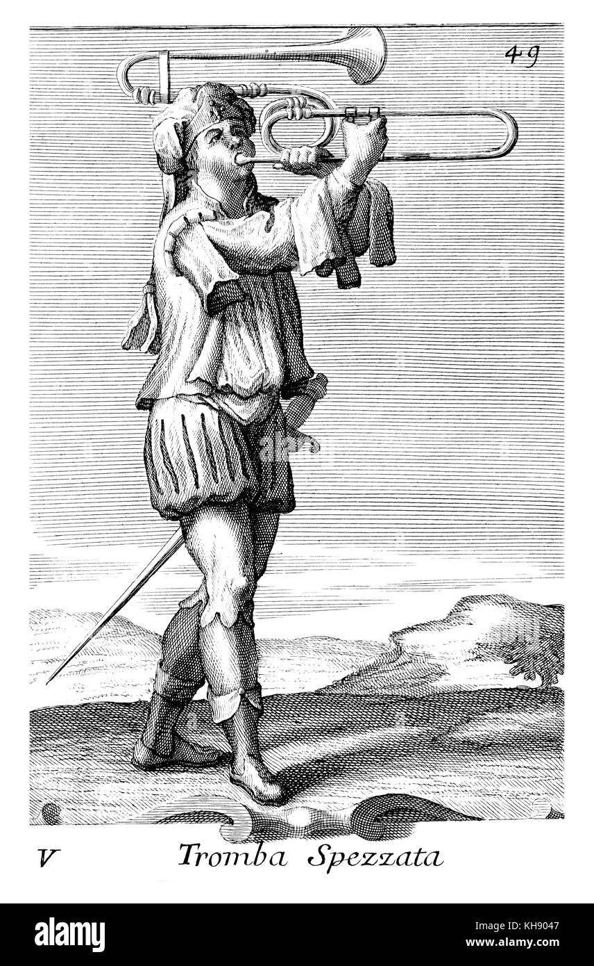 Mann spielt Posaune (Geigen), 18. Abbildung von Filippo Bonanni's 'Gabinetto Armonico" im Jahre 1723 veröffentlicht, Abbildung 5. Kupferstich von Arnold Van Westerhout. Bildunterschrift liest Tromba Spezzata Stockfoto