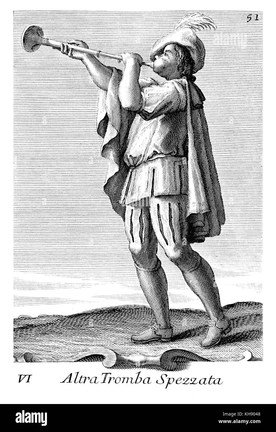 Mann spielt Slide Trompete, aus dem 18. Jahrhundert. Abbildung von Filippo Bonanni's 'Gabinetto Armonico" im Jahre 1723 veröffentlicht, Abbildung 6. Kupferstich von Arnold Van Westerhout. Bildunterschrift liest Altra Tromba Spezzata Stockfoto