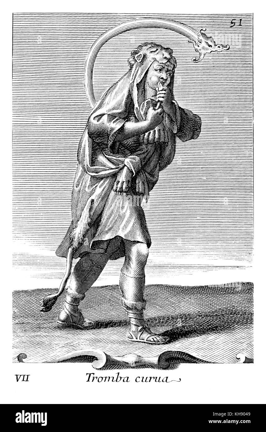Mann spielt der Römischen Cornu-G-Geformte konische Röhrchen aus Bronze. Abbildung von Filippo Bonanni's 'Gabinetto Armonico" im Jahre 1723 veröffentlicht, Abbildung 7. Kupferstich von Arnold Van Westerhout. Bildunterschrift liest Tromba Curua Stockfoto