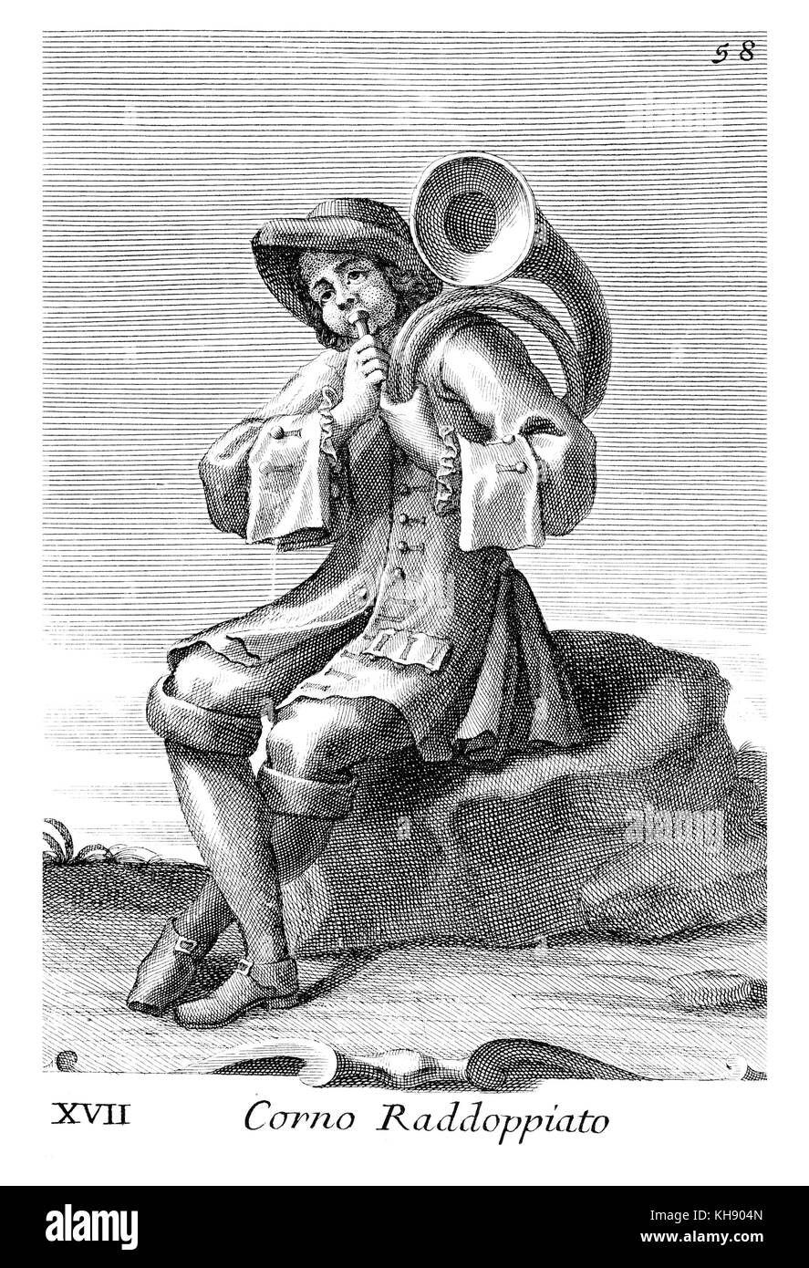 Mann spielt Horn. Abbildung von Filippo Bonanni's 'Gabinetto Armonico" im Jahre 1723 veröffentlicht, Abbildung 17. Kupferstich von Arnold Van Westerhout. Bildunterschrift liest Corno Raddoppiato. Stockfoto