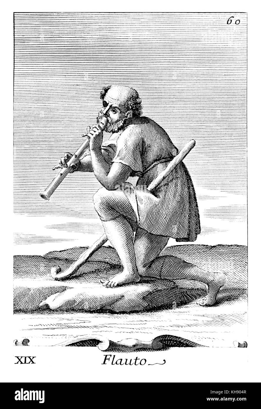 Mann spielt grosse gebohrt Art Recorder. Abbildung von Filippo Bonanni's 'Gabinetto Armonico" im Jahre 1723 veröffentlicht, Abbildung 19. Kupferstich von Arnold Van Westerhout. Bildunterschrift liest Flauto. Stockfoto