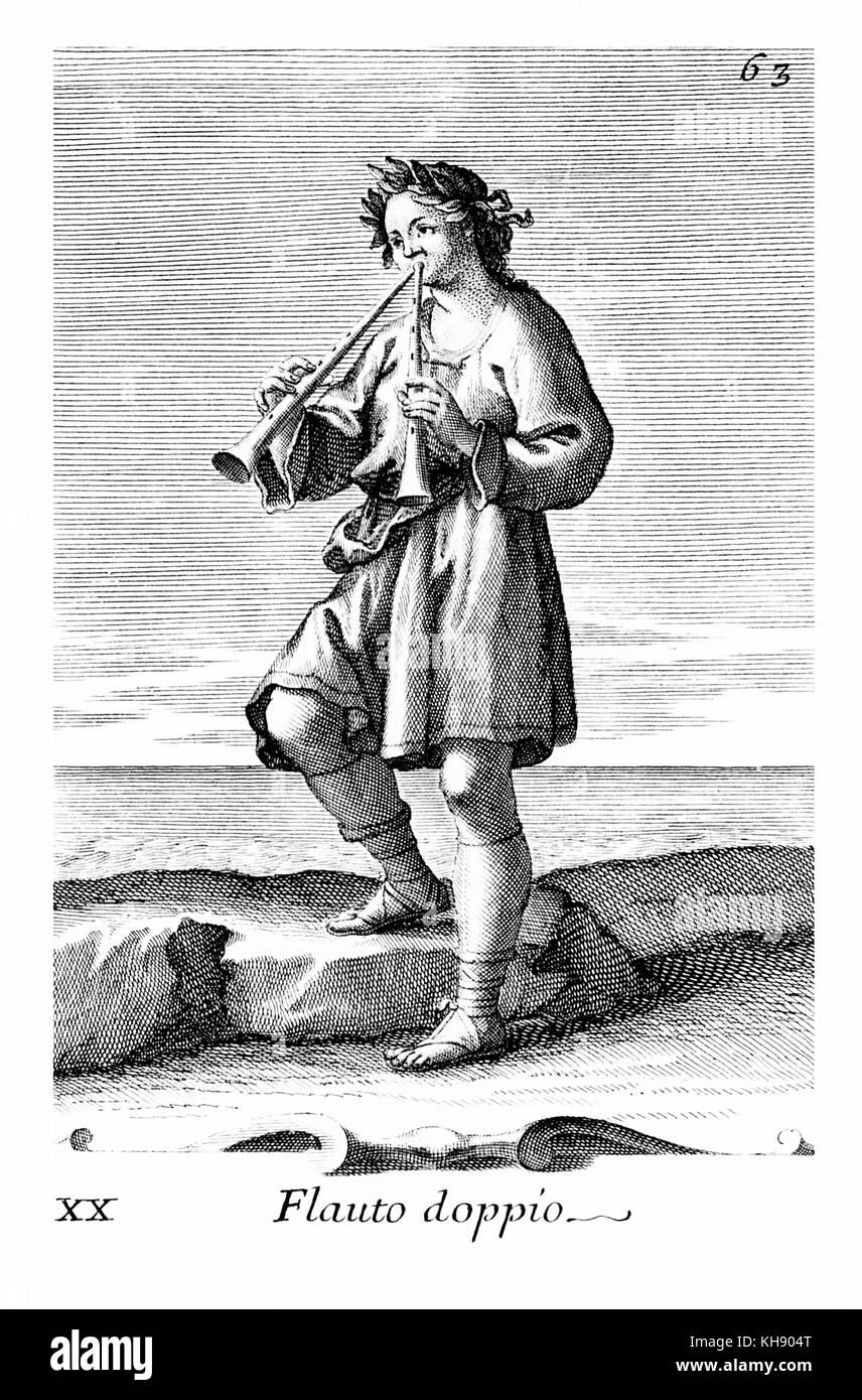 Mann spielt Doppel Aulos (lat. 'Tibia'). Abbildung von Filippo Bonanni's 'Gabinetto Armonico" im Jahre 1723 veröffentlicht, Abbildung 20 (auch in der Platte 3). Kupferstich von Arnold Van Westerhout. Bildunterschrift liest Flauto doppio. Stockfoto