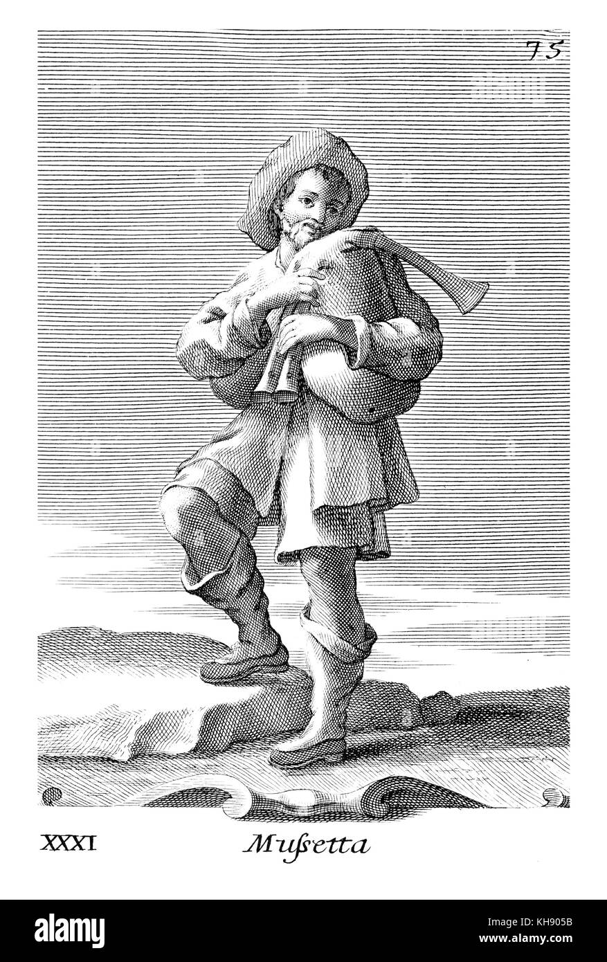 Mann spielt Sourdeline - eine Art Dudelsack, oder Italienisch Musette. Abbildung von Filippo Bonanni's 'Gabinetto Armonico" im Jahre 1723 veröffentlicht, Abbildung 31. Kupferstich von Arnold Van Westerhout. Bildunterschrift liest Mussetta. Stockfoto