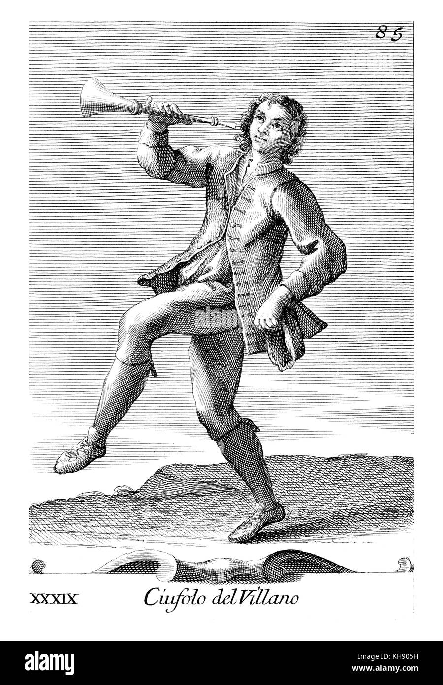 Junge mit italienischen Schalmei (Ciaramella) - Abbildung von Filippo Bonanni's 'Gabinetto Armonico" im Jahre 1723 veröffentlicht, Abbildung 39. Kupferstich von Arnold Van Westerhout. Bildunterschrift liest Ciufolo del Villano. JFH - deutsch-englischer Komponist, 23. Februar 1685 - 14. April 1759 JSB: Deutscher Komponist und Organist, 21. März 1685 - vom 28. Juli 1750; AC: Italienischer Komponist und Violinist, 17. Februar 1653 - vom 8. Januar 1713 Stockfoto