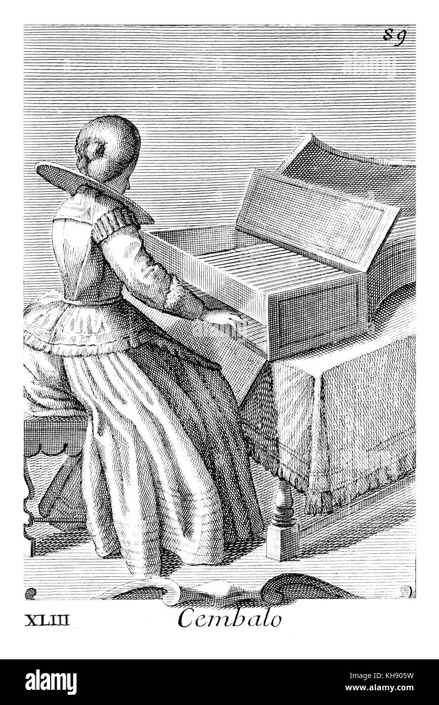 Frau spielen auf dem Cembalo - große mechanisierte Psalter. Abbildung von Filippo Bonanni's 'Gabinetto Armonico" im Jahre 1723 veröffentlicht, Abbildung 43. Kupferstich von Arnold Van Westerhout. Bildunterschrift liest Cembalo. Stockfoto