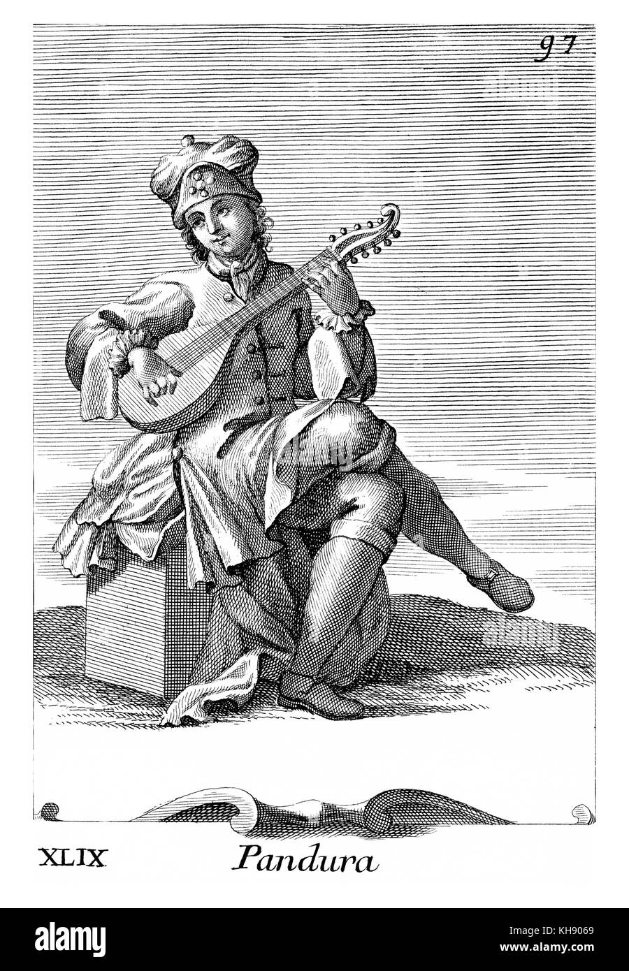 Mann spielt Cister (Pandura). Abbildung von Filippo Bonanni's 'Gabinetto Armonico" im Jahre 1723 veröffentlicht, Abbildung 49. Kupferstich von Arnold Van Westerhout. Bildunterschrift liest Pandura. Stockfoto