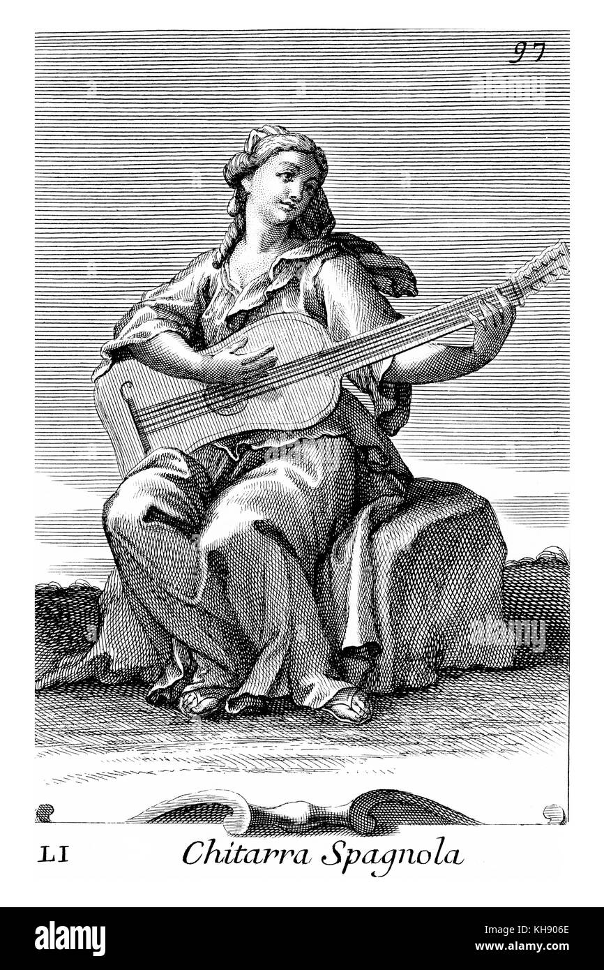 Frau spielen Spanische Gitarre. Abbildung von Filippo Bonanni's 'Gabinetto Armonico" im Jahre 1723 veröffentlicht, Abbildung 51. Kupferstich von Arnold Van Westerhout. Bildunterschrift liest Chitarra Spagnola. Stockfoto