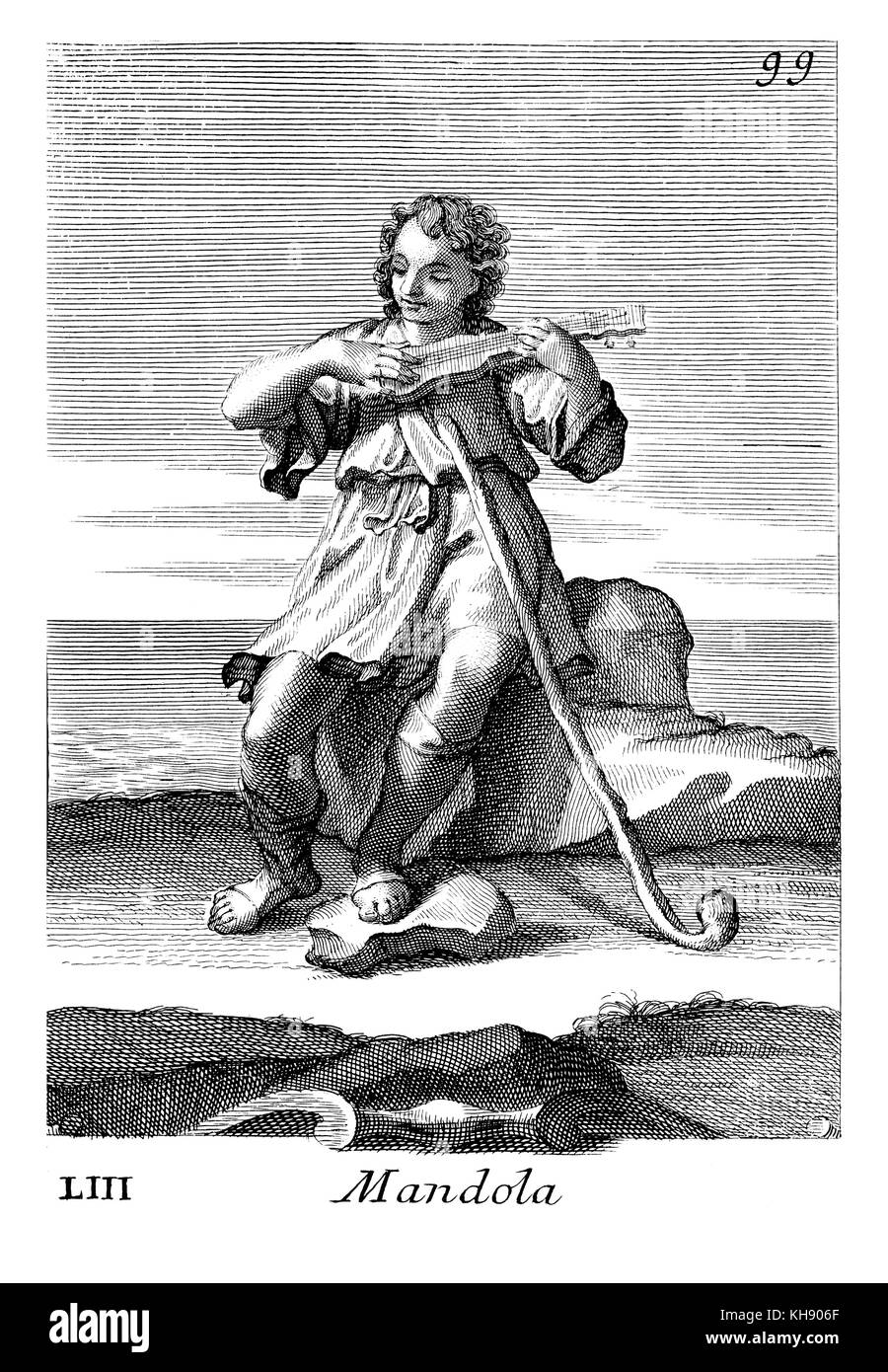 Junge spielt kleine Gitarre. Abbildung von Filippo Bonanni's 'Gabinetto Armonico" im Jahre 1723 veröffentlicht, Abbildung 53. Kupferstich von Arnold Van Westerhout. Bildunterschrift liest Mandola. Stockfoto