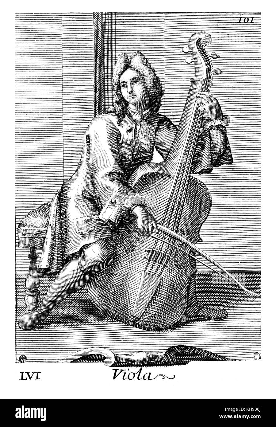 Mann spielt das Violoncello/Viola. Abbildung von Filippo Bonanni's 'Gabinetto Armonico" im Jahre 1723 veröffentlicht, Abbildung 55. Kupferstich von Arnold Van Westerhout. Bildunterschrift liest Viola Stockfoto