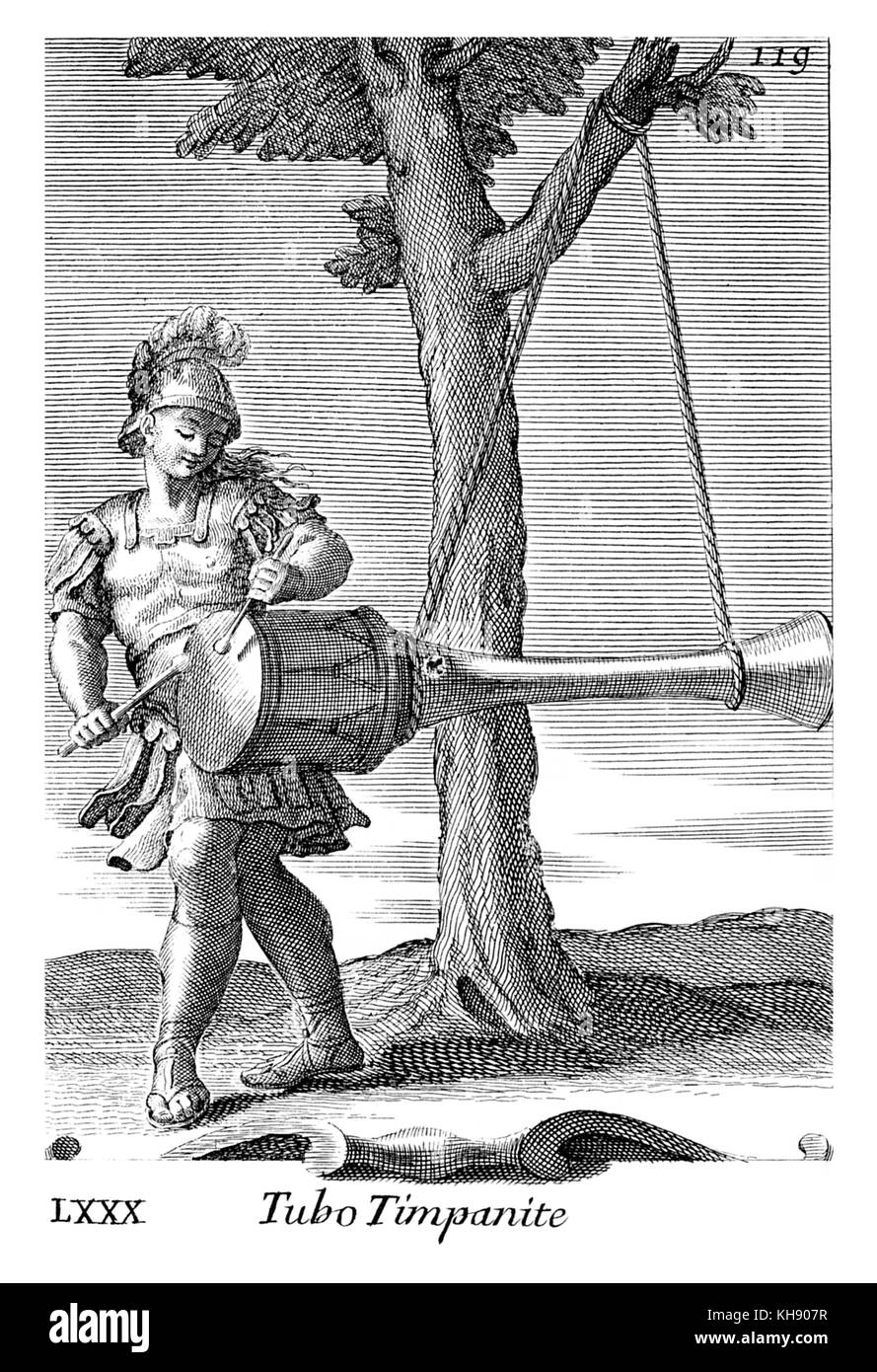 Tubo Timpanite. Trommel mit Resonierenden Rohr, spielte mit Quirle, Musiker in alten Militär Kostüm.Caption liest Tubo Timpanite. Abbildung von Filippo Bonanni's 'Gabinetto Armonico" im Jahre 1723 veröffentlicht, Abbildung 80. Kupferstich von Arnold Van Westerhout. Stockfoto