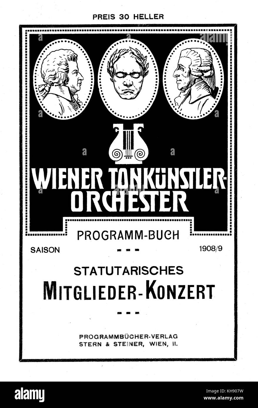 Wiener Tonkünstler-Programm. Vordere Abdeckung. 1908-09 Saison. Österreichische Orchester Gesellschaft, gegründet 1771. 1933 aufgelöst. v Stockfoto
