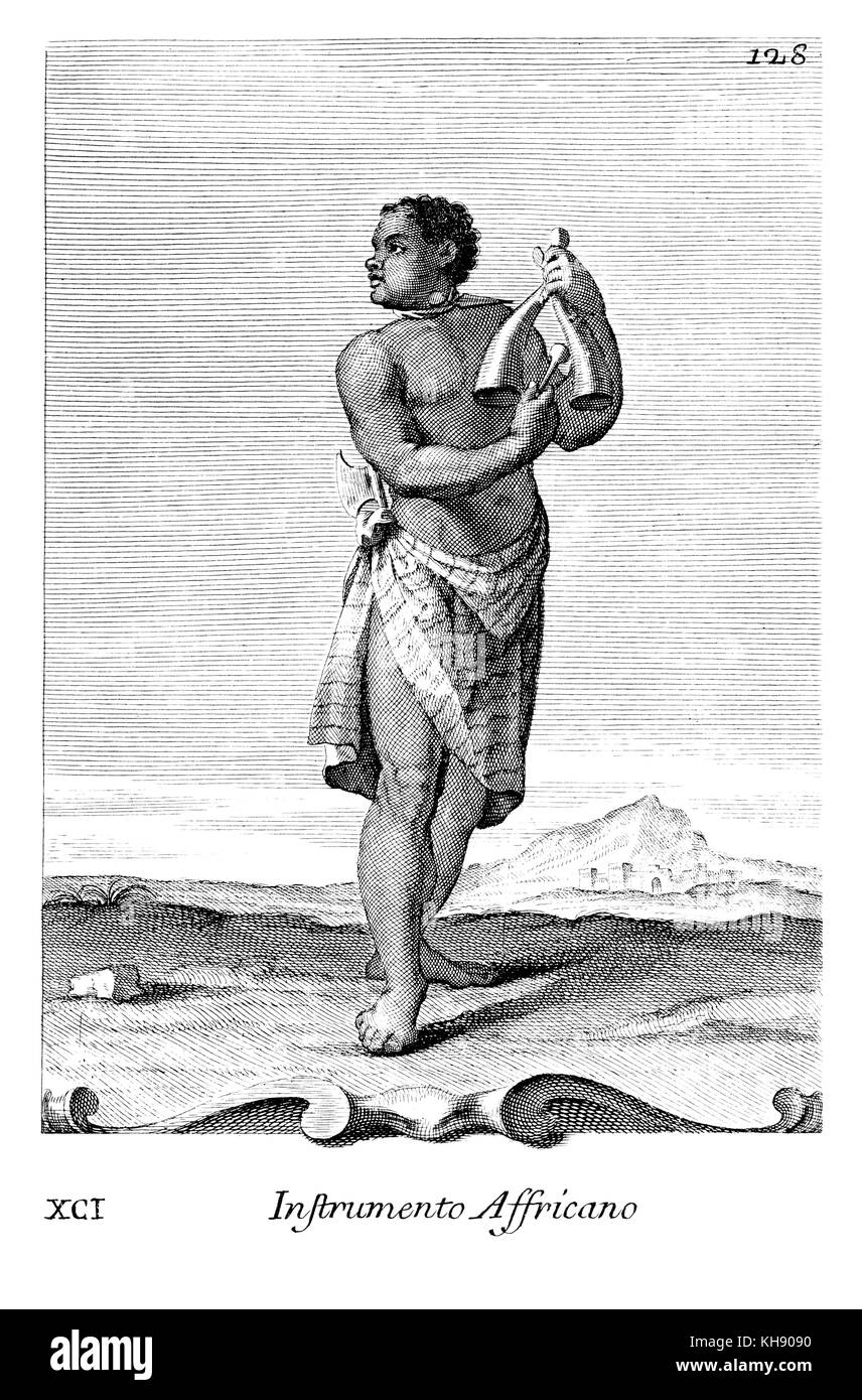 Instrumento Africano - Afrikanische double Bell. Abbildung von Filippo Bonanni's 'Gabinetto Armonico" im Jahre 1723 veröffentlicht, Abbildung 91. Stockfoto