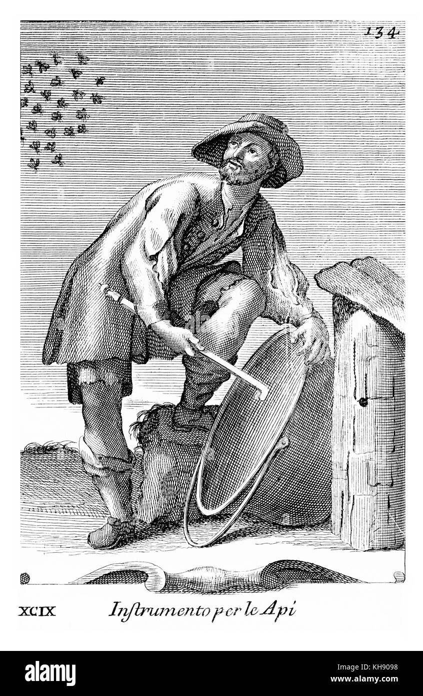Instrumento pro le Api-Biene des Tierhalters Instrument, das eingesetzt wird, um den Schwarm auf die Auffangstruktur zu erinnern. Abbildung von Filippo Bonanni's 'Gabinetto Armonico" im Jahre 1723 veröffentlicht, Abbildung 99. Stockfoto