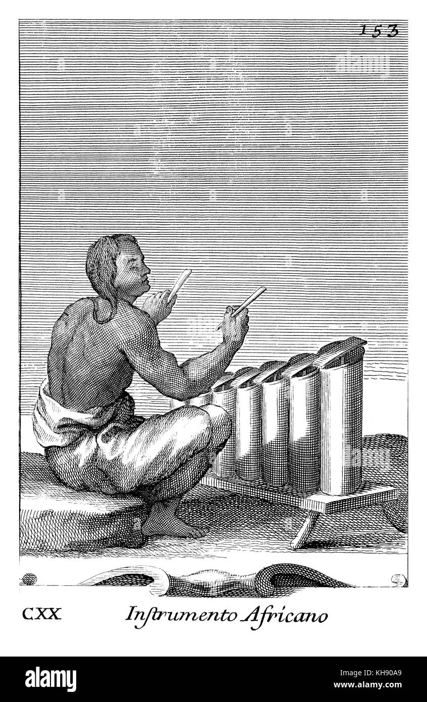 Instrumento Africano - Xylophon eingerichteten Afrikanischen Instrument. Abbildung von Filippo Bonanni's 'Gabinetto Armonico" im Jahre 1723 veröffentlicht, Abbildung 120. Stockfoto