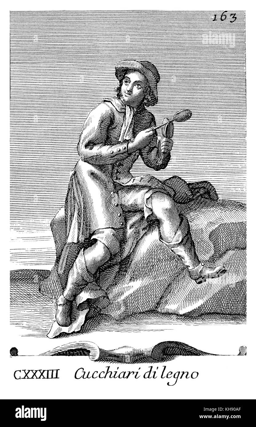 Cucchiari di Legno - Kochlöffel verwendet als Rauschen. Abbildung von Filippo Bonanni's 'Gabinetto Armonico" im Jahre 1723 veröffentlicht, Abbildung 133. Stockfoto