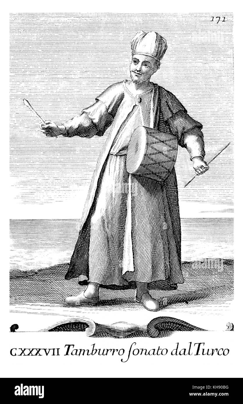 Tamburro Sonato dal Turco - Türkische Bass Drums. Abbildung von Filippo Bonanni's 'Gabinetto Armonico" im Jahre 1723 veröffentlicht, Abbildung 137. Stockfoto