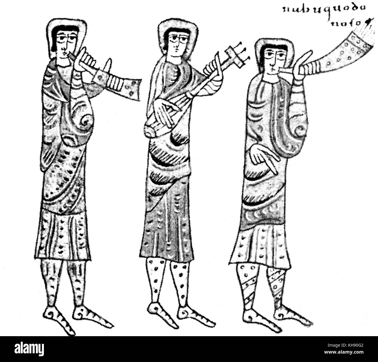 Musiker blasen oliphants und zupfen Fiddle. Von der "Commentarius in Apocalypsin'. London, British Museum. MSS. 11695. Stockfoto