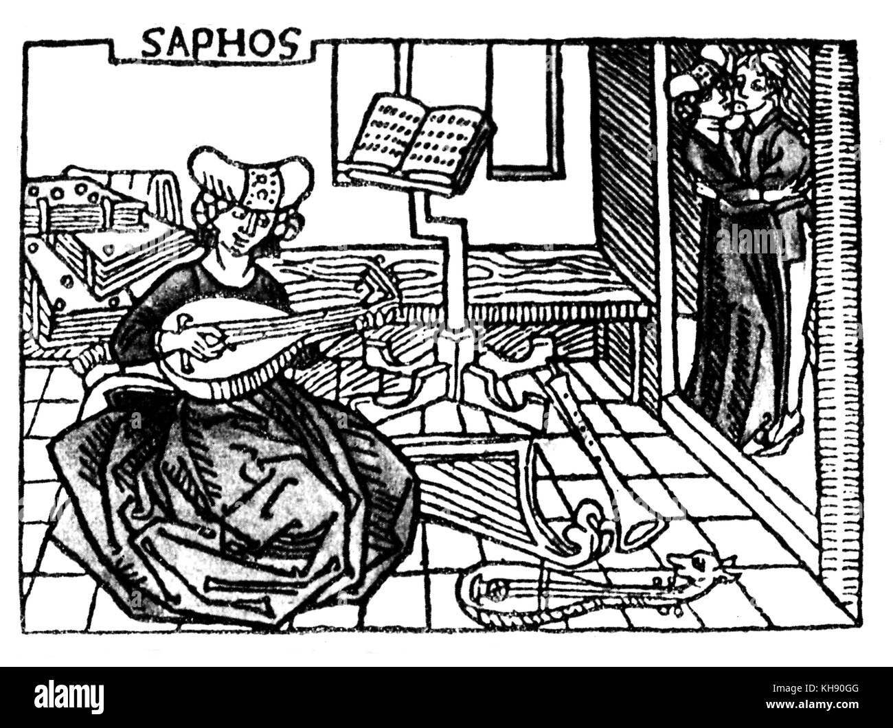Die Dichterin Sappho (spielen Laute, mit Harfe, Schalmei und mandora im Hintergrund). Holzschnitt aus der Boccaccio Buch des berühmten Frauen', Ulm, 1473. Antike griechische Dichter, geboren auf der Insel Lesbos. Dachte an c. gestorben sind. 570 v. Chr. Stockfoto