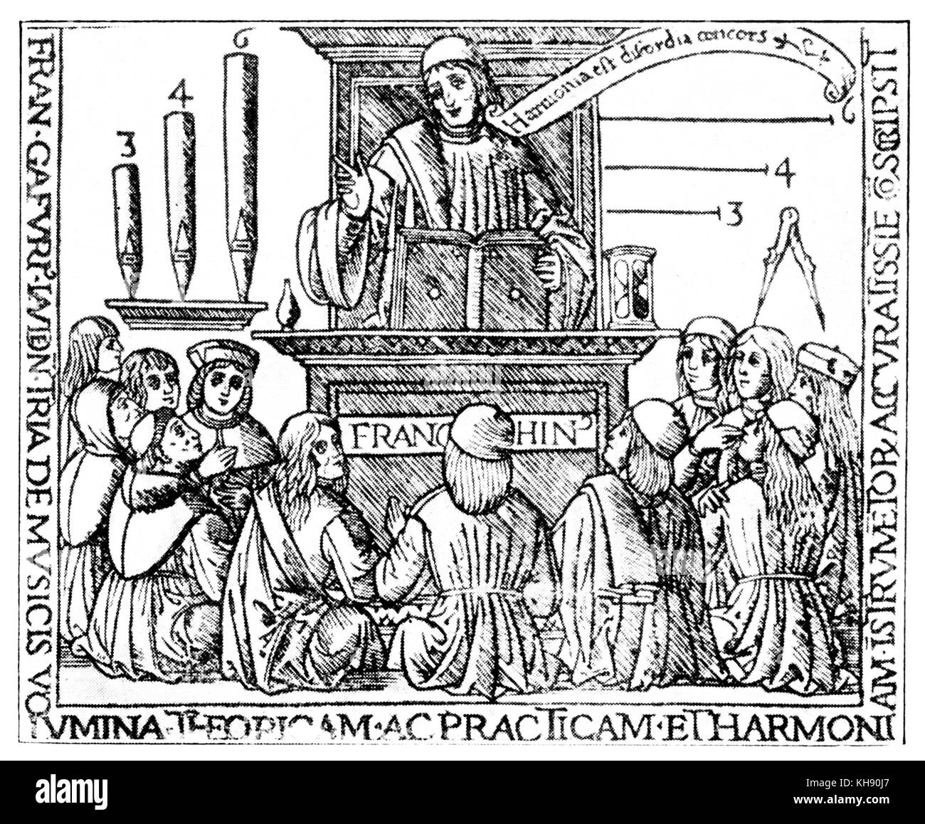 Franchino Gafori (Gafurius) unter seinen Schülern. Holzschnitt aus "Angelicum opus Musicae", Mailand, 1508, Stockfoto