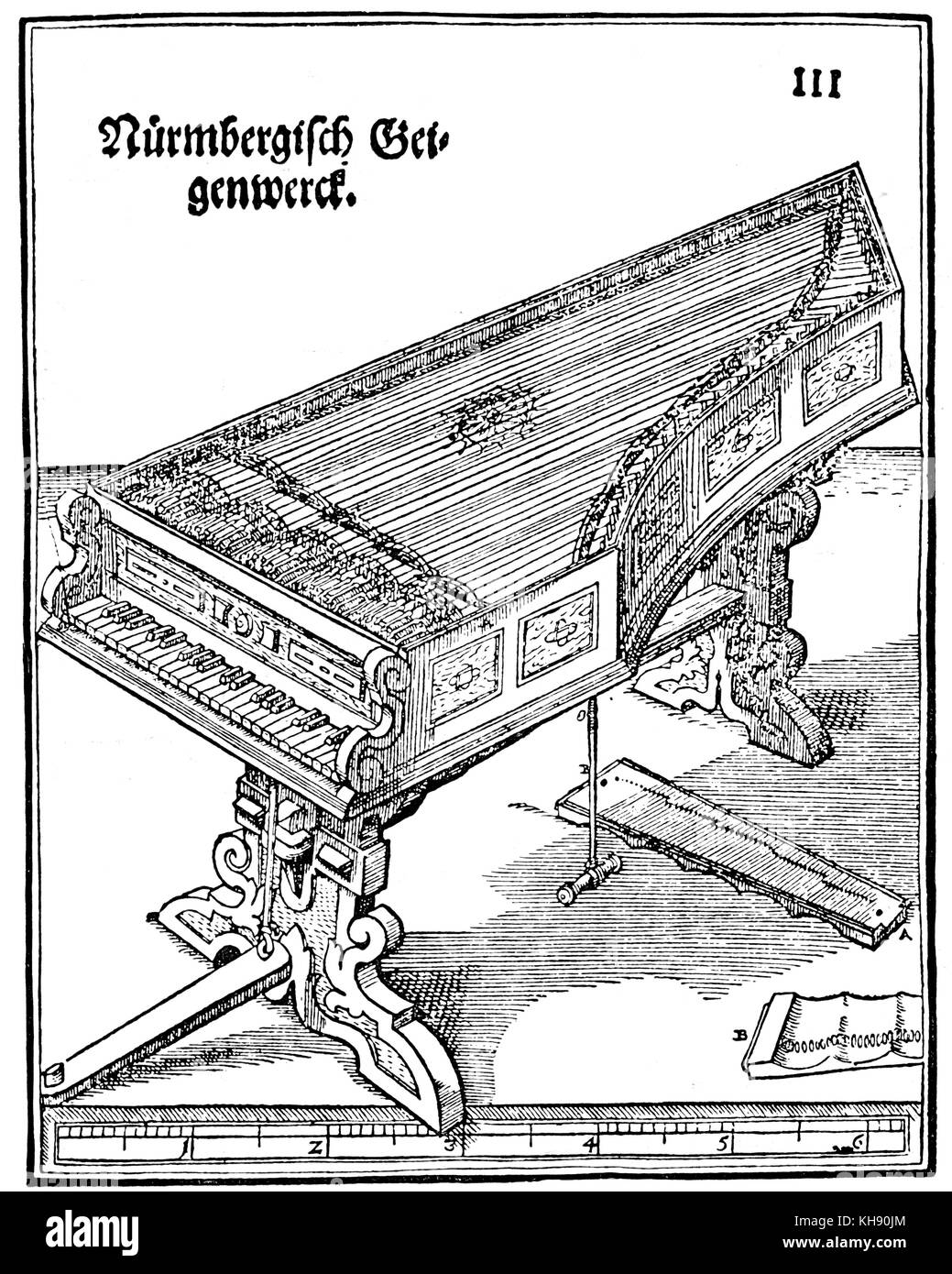 Die nürnberger Violine Mechanismus (Nürnbergisches Geigenwerk) erfunden 1575 von Hans Haiden von Nürnberg (violinclavi - cymbel oder Klavier Klavier). Holzschnitt aus sytagma Musicum von micahel Praetorius. (Wolfenbüttel, 1620) Stockfoto