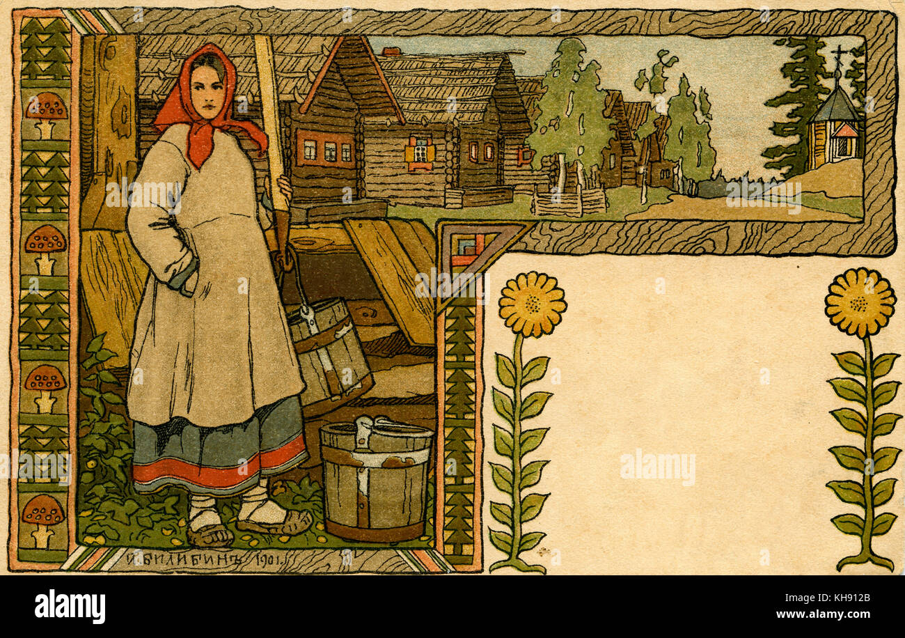 Russischen Bauern Frau in traditioneller Kleidung - von der Abbildung von Ivan Bilibin. Russischen Illustrator und Bühnenbildner, trugen zu den Ballets Russes, 16. August 1876 - 7. Februar 1942. Stockfoto