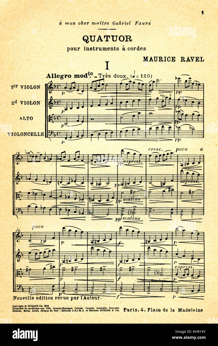 "Quatuor pour Instruments à Cordes'-Score von Maurice Ravel. Musik für Streicher. Für Gariel Fauré, französischer Komponist, 12. Mai 1845. - 4. November 1924. Herr: der französische Komponist, 17. März 1875 - 28. Dezember 1937. Von Editions Durand, Paris veröffentlicht. Stockfoto