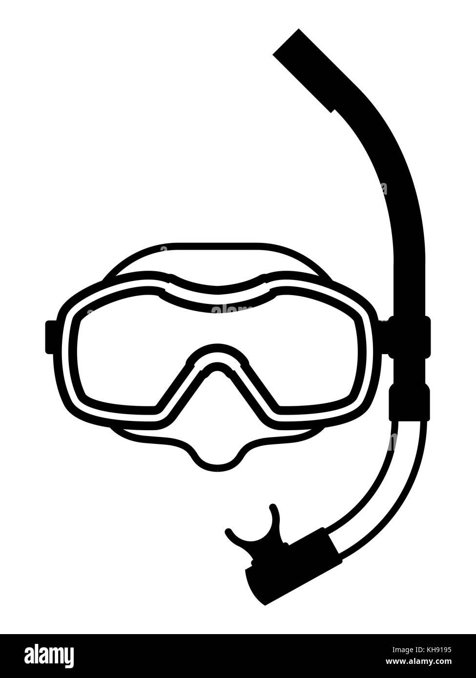 Schwarze und weiße Vektor Symbol der Schnorchelausrüstung aus Taucherbrille für klare Sicht und Schnorchel Atmen unter Wasser, auf weissem isoliert Stock Vektor