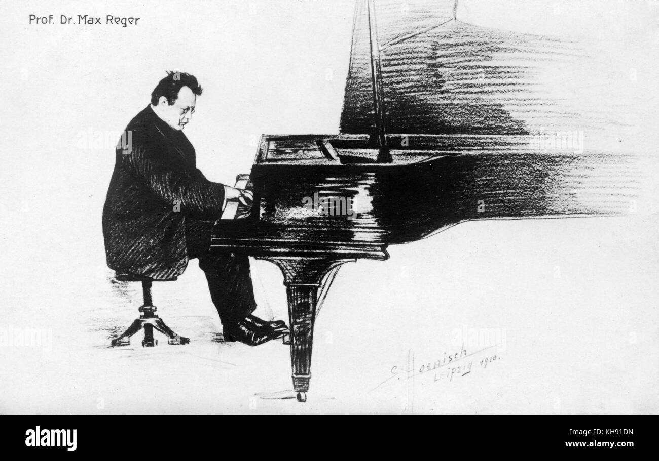 Max Reger am Klavier von S. Hoenisch, Leipzig, 1910. Deutsche Komponist, 1873-1916. Stockfoto