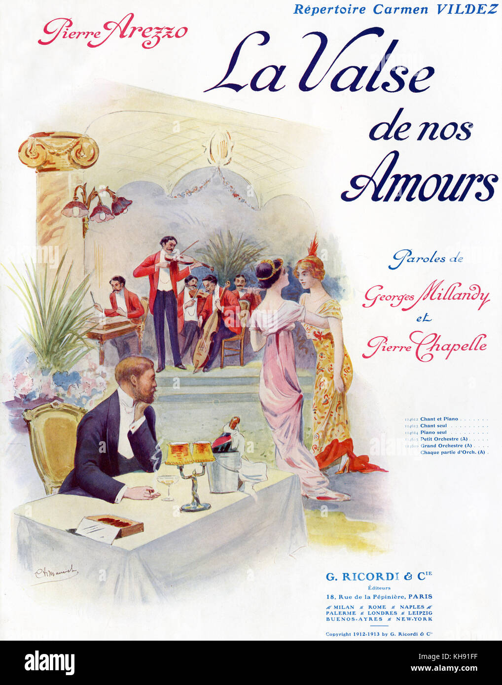 "La Valse de nos Amours'-Song mit der Musik von Pierre Arezzo, lyrics von goerges Millandy und Pierre Chapelle. 1913. Von Ricordi & Cie., Paris, Frankreich veröffentlicht. Stockfoto