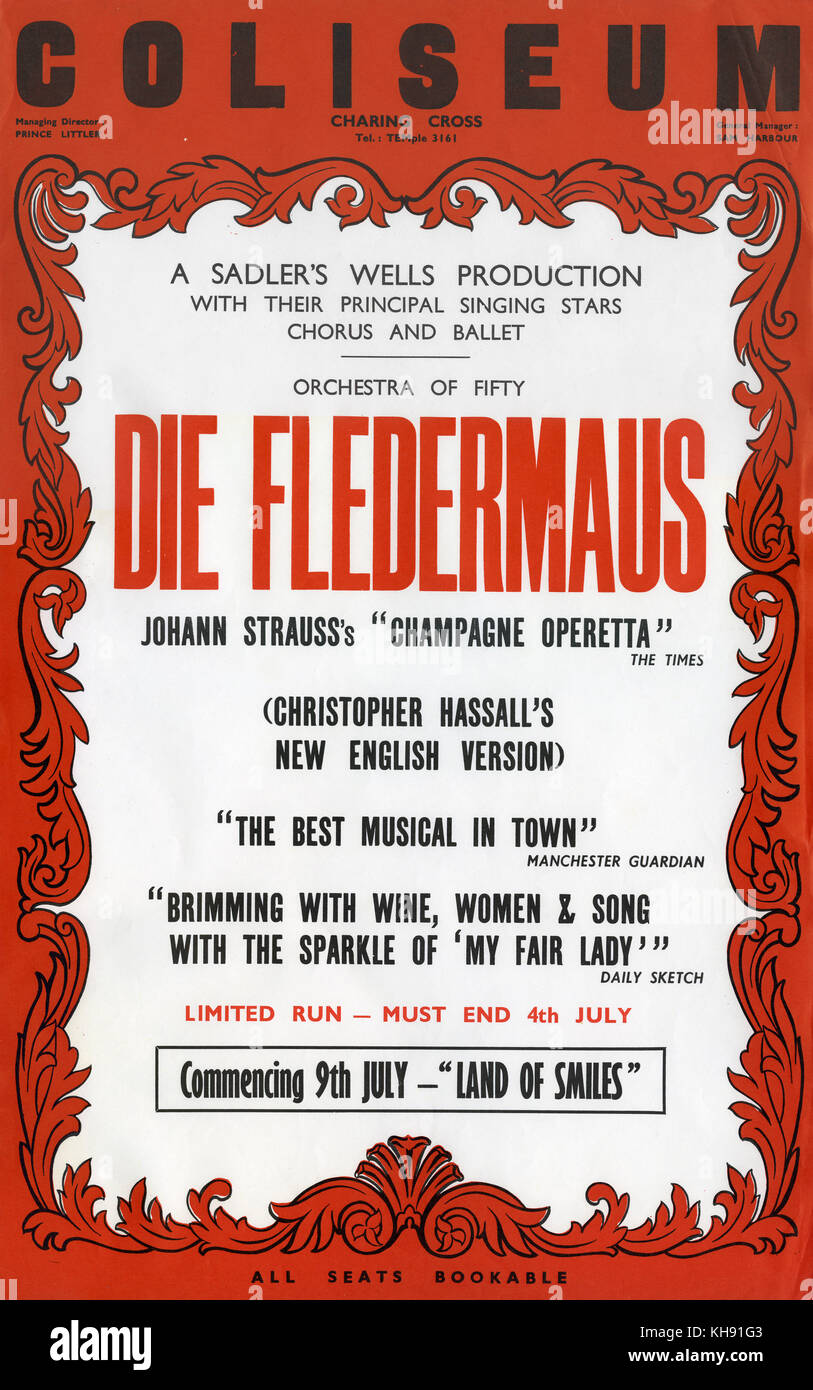 Die Fledermaus - Oper von Johann Strauss II. Plakat für Sadler's Gut's Opera Produktion in London Coliseum, vom 16. April 1958. Original Libretto von Richard Genée und C. Haffner. Neue Englische Version von Christopher Hassall. Von Vilem Tausky durchgeführt. Von Wendy Toye produziert. Entwürfe von James Bailey. JS: Der oesterreichische Komponist, Dirigent und Violinist, 25. Oktober 1825 - vom 3. Juni 1899. Stockfoto