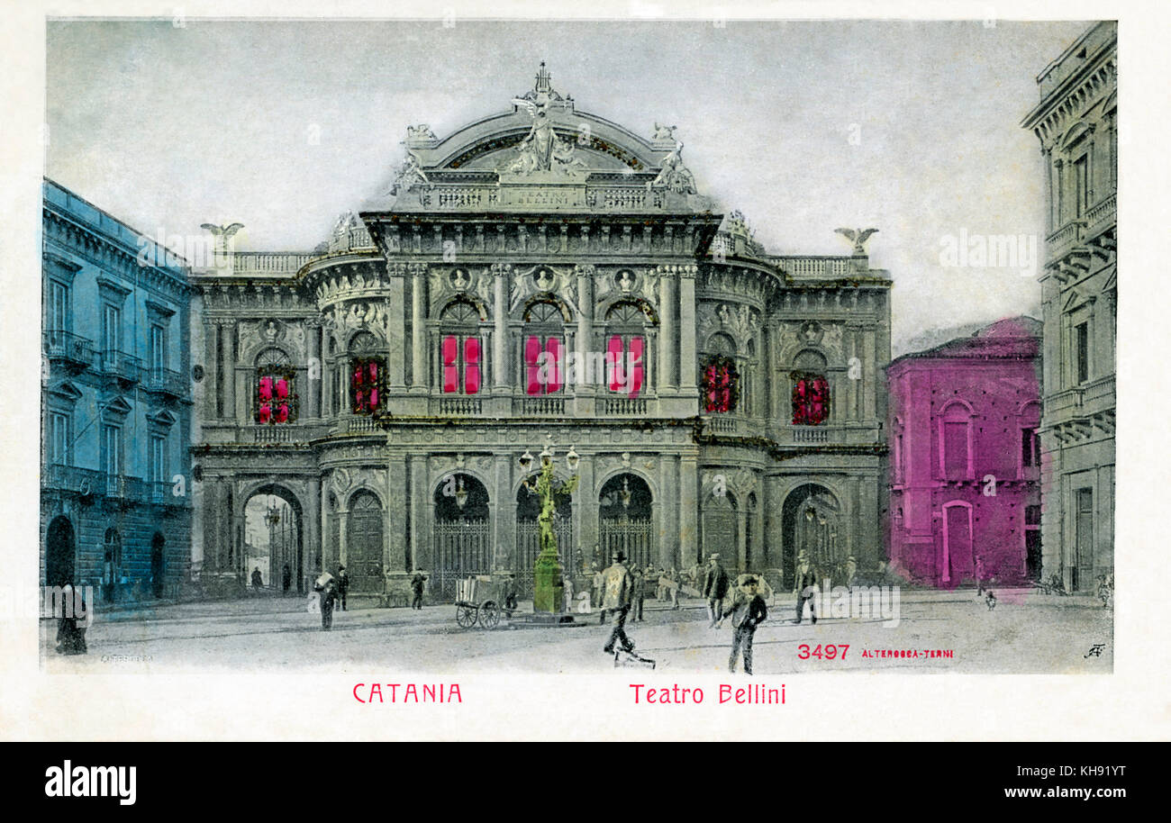 Catania, Sizilien: Teatro Bellini. Postkarte aus dem frühen 20. Jahrhundert. Bellini, Italienischer Komponist, 3. November 1801 - 23. September 1835 Stockfoto