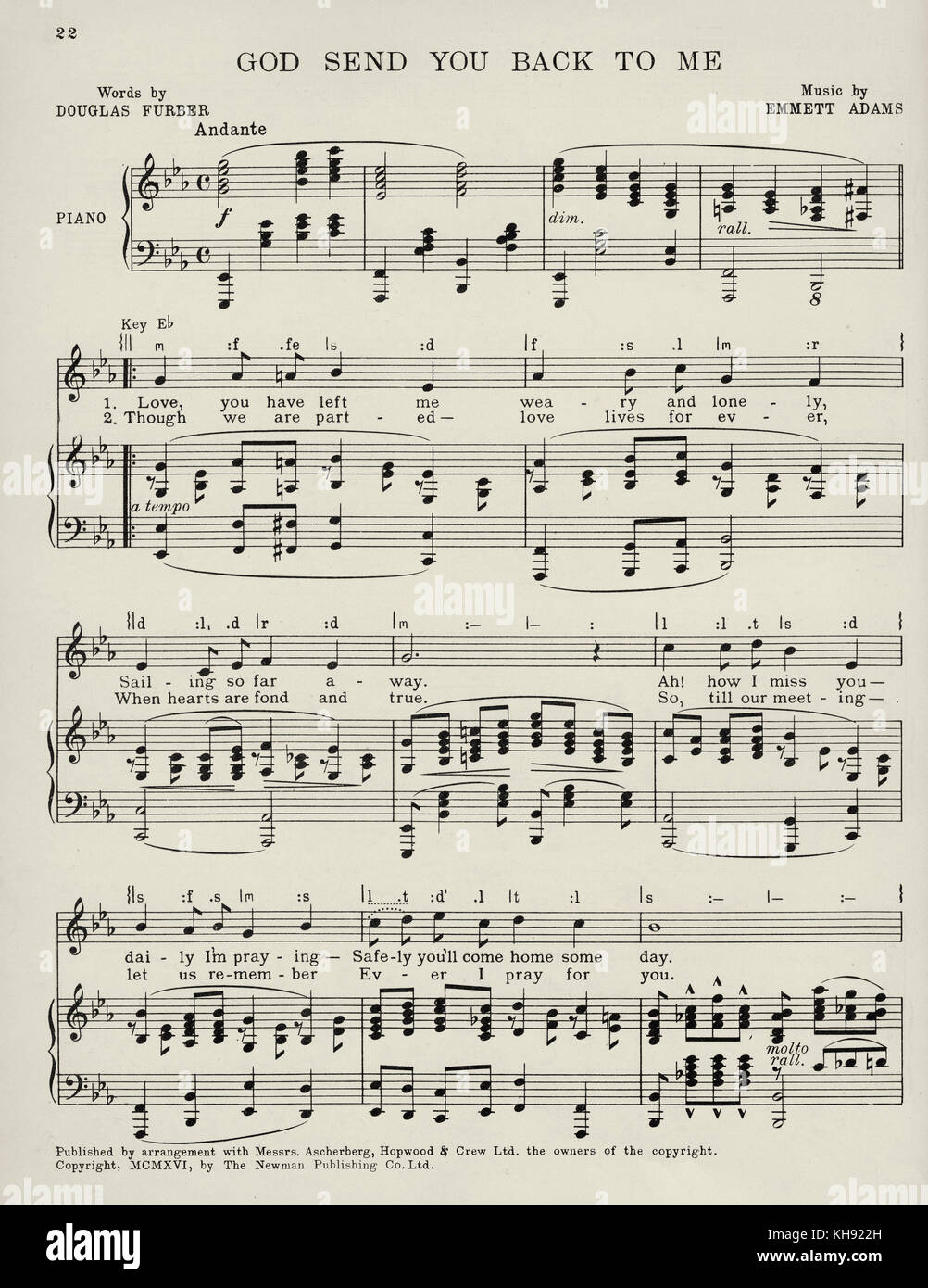 "Gott Sie Senden Zurück Zu Mir"-Song komponiert von Emmett Adams mit Texten von Douglas Furber. 1916. Seite 1 von 2. Beliebte während des Zweiten Weltkrieges 1. Stockfoto