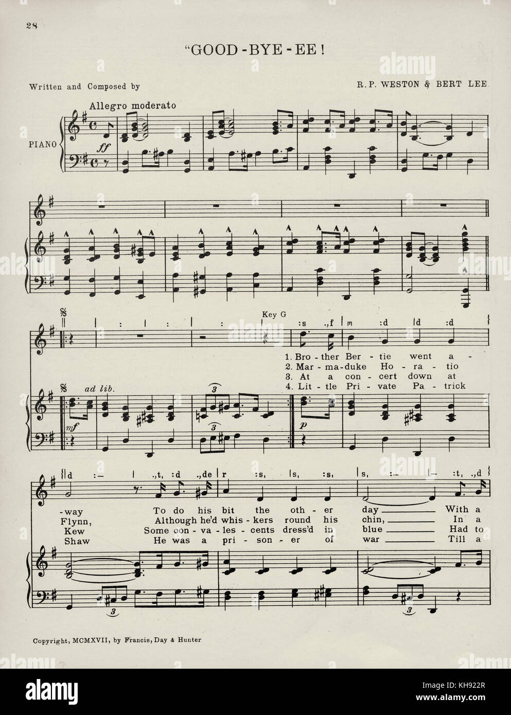 "Good-bye-Ee!'-Song geschrieben und komponiert von R. S. Weston und Bert Lee. 1917. Beliebte während des Zweiten Weltkrieges ein. Seite 1 von 3. Stockfoto