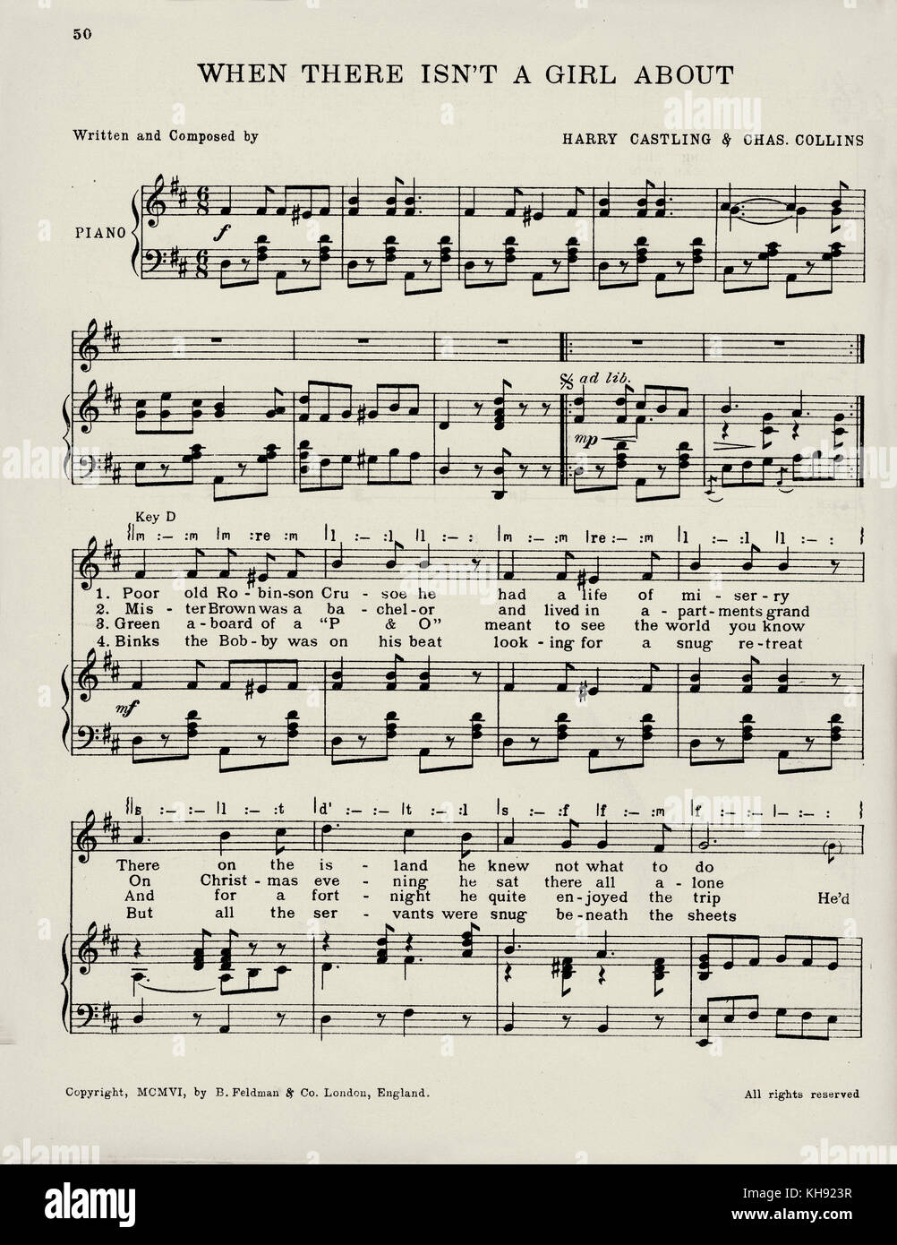 "Wenn es kein Mädchen über"-Song geschrieben und komponiert von Harry Rochade und Chas. Collins. 1916. Beliebte während des Zweiten Weltkrieges 1. Seite 1 von 3. Stockfoto